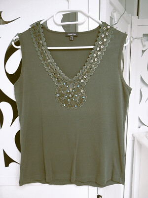 Street One - Damen Sommer Shirt Top grün ärmellos V-Ausschnitt Steibesatz Gr 40