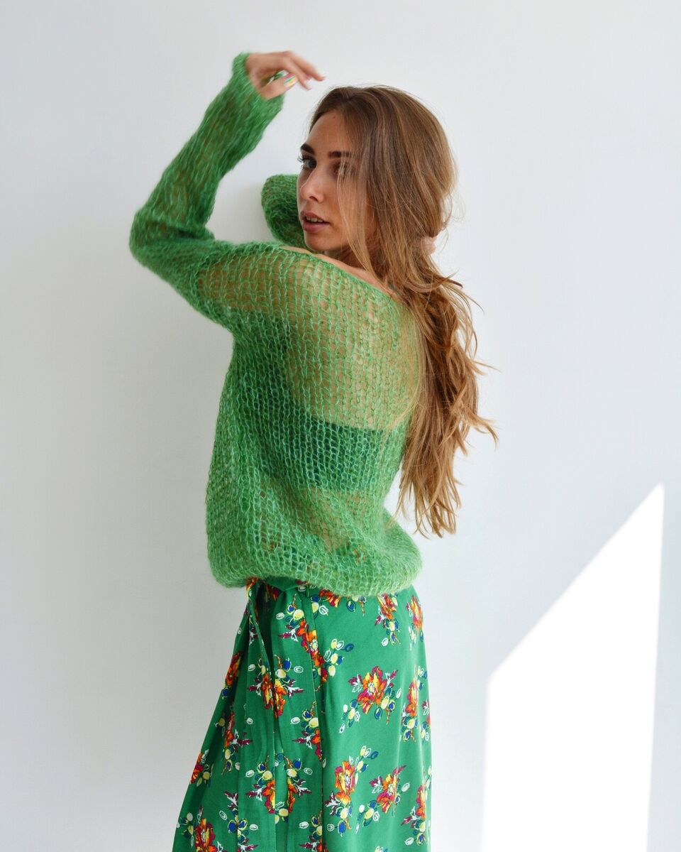Green mohair lightweight sweater, Loose knit sweater Green mohair lightweight sweater, Loose knit sweater