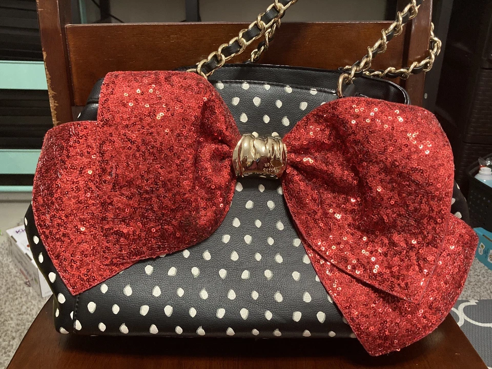 XOX Betsey Johnson Large Bag, Black With White Dots And  Big Red Sequin Bow - Image 2 of 4