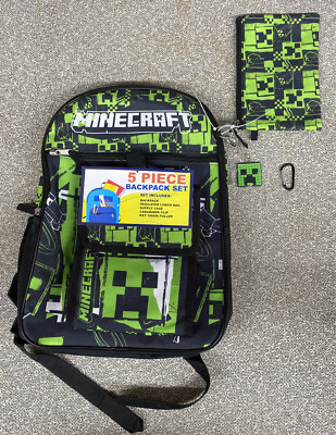 MINECRAFT 5 Piece Backpack Set Includes Lunch Bag, Supply Case