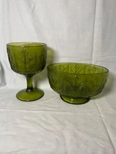 Vintage FTD Green Oak Leaf Glassware Lot Stemmed Goblet & Footed Candy Dish 1975