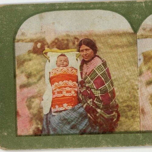 Antique Stereoview Card Chippewa Squaw & Papoose No 404 Indians Color - Picture 1 of 3