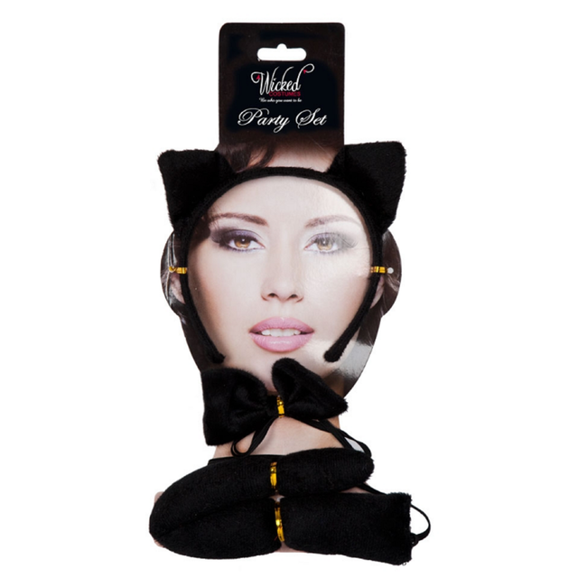 Adult Black Cat Ears Bow and Tail Set Fancy Dress Halloween Costume