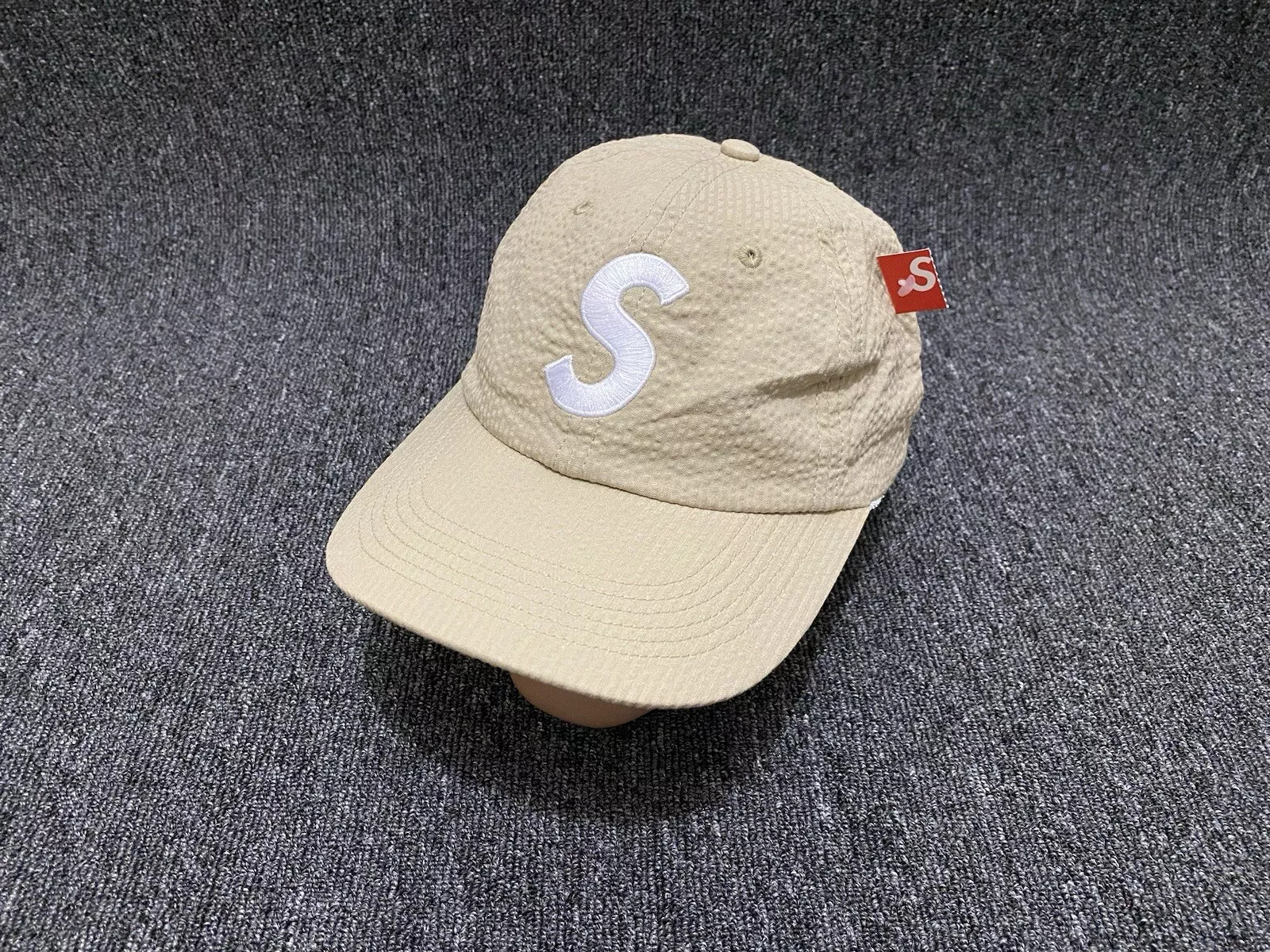 Supreme x Solbiati Seersucker S Logo Mens Cap Hat One Size New 6 Panel Beige