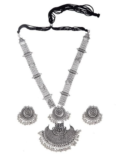 AFGHANI OXIDISED SILVER TONE BOLLYWOOD STYLE LONG NECKLACE SET WOMEN JEWELRY - Picture 2 of 6