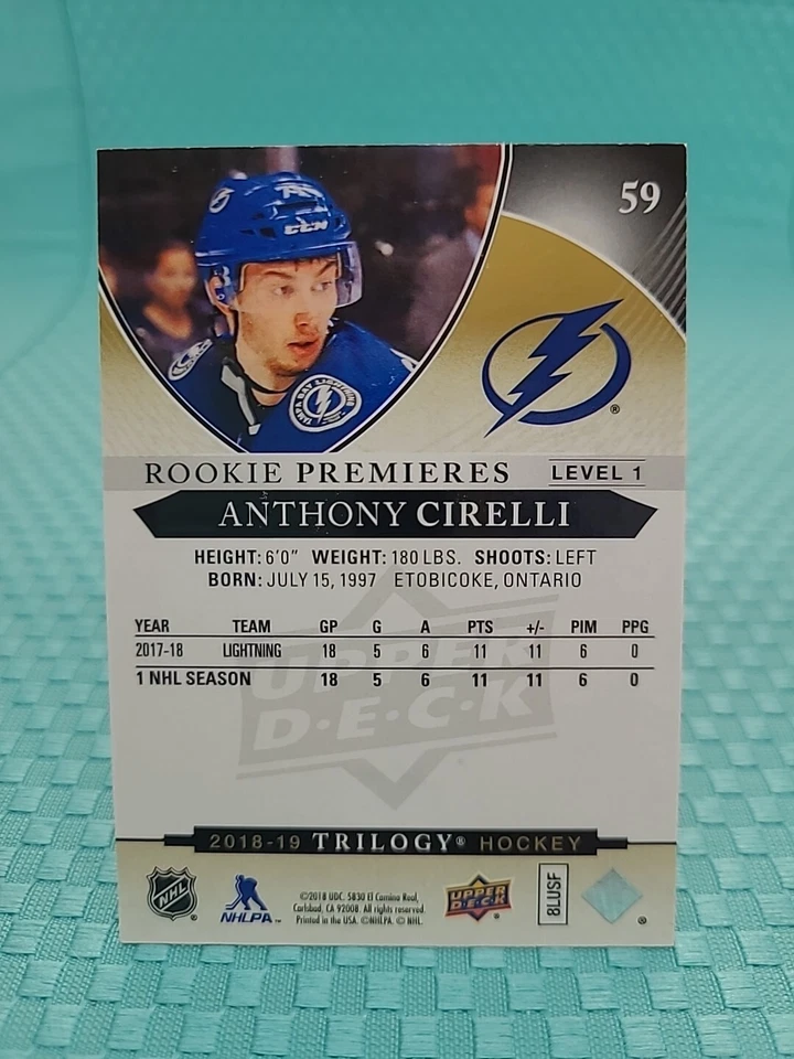 #/999 2018-19 UD Trilogy Anthony Cirelli Rookie Premieres Level 1 RC SP 59 - Image 2 of 2