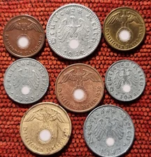 Nazi 7 & 8 Coin Sets 1-2-5-10-50 Pfennig Coins WWII Original III Reich