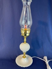 Milk Glass Electric Candlestick Pearl Edge Trinket Tray Clear Bead Top Chimney