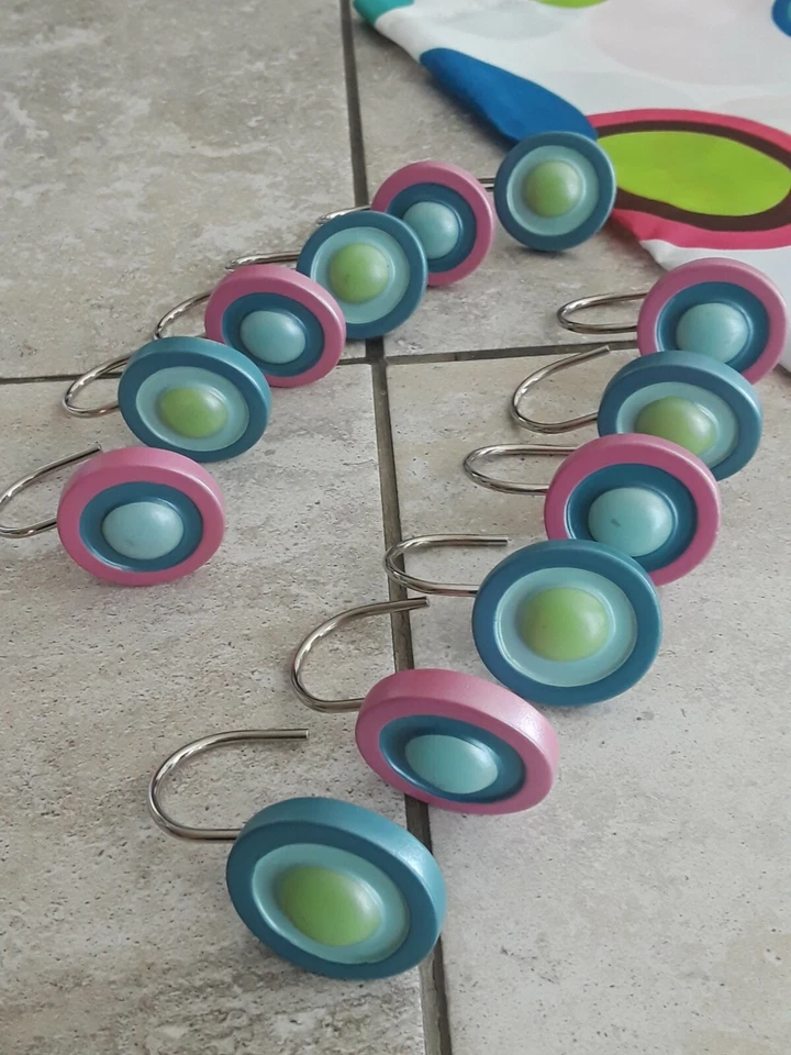 Colorful Mod Shower Curtain With Hooks. Circles. Pink, Blue, Brown, NWOT - Image 3 of 4