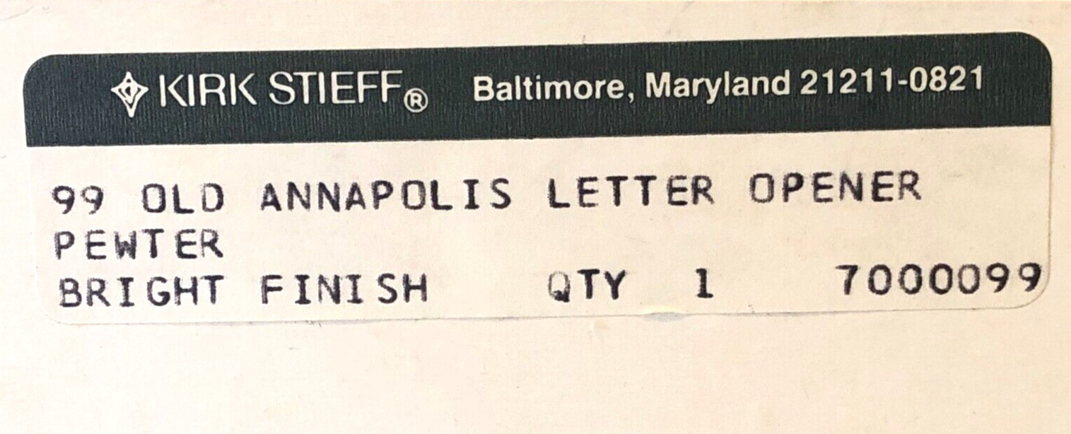 Vintage KIRK STIEFF GRUNTAL & CO. Bright Finish Pewter Letter Opener Annapolis