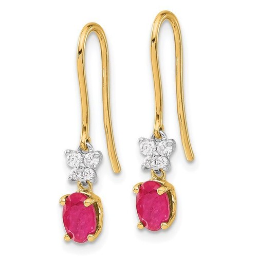 14K Solid Two Tone Gold Diamond Oval Ruby Dangle Earrings - Picture 3 of 5