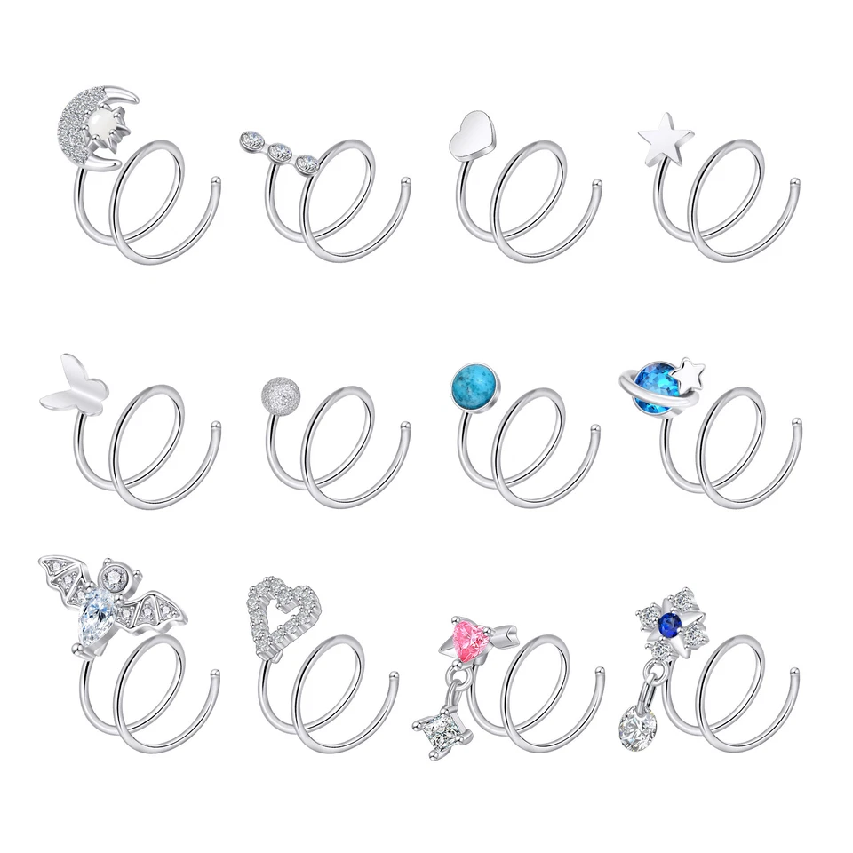 2PCS Double Hoop Spiral Nose Ring 16g Chain Dangle Nose Rings Studs Piercing 20G - Image 3 of 4