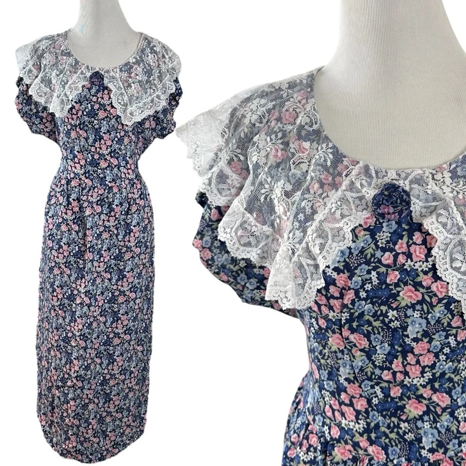 Vestido midi vintage años 70 80 Gunne Sax delicado cabaña encaje floral EE. UU. talla 6 pequeño Foto 2 de 4
