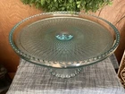 Vtg. Jeanette Blue Glass Harp Pattern Cake Stand Pedestal Beaded Edge 5” X 10”