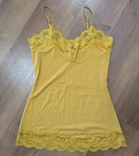 Vintage Y2K Womens Size Medium Coquette Lace Trim Cami Tank Top 90s Yellow