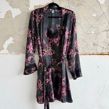 Vtg Delicates Satin Slip Dress  Robe Set Black Pink Baroque Lace Trim 2 Piece M