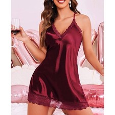 Satin  Lace Babydoll Lingerie Chemise Nightie Slip  Dark Cherry Red  Small