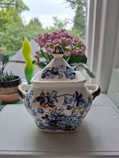 Mason's Ironstone Sapphire Twin Handled Lidded Sugar Bowl Hand Painted Blue Gold