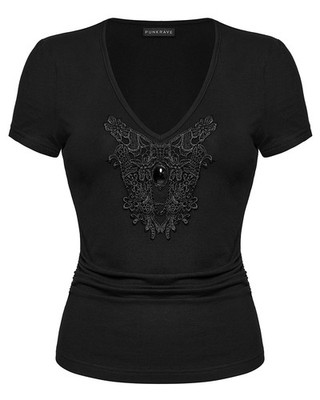 Punk Rave Damen Dark Gothic Punk Spitze Applikation V-Ausschnitt T-Shirt Top Schwarz