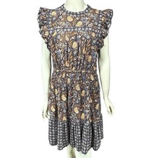 Universal Thread Dress Womens Large Gray Floral Smocked Waist Ruffle Sleeve