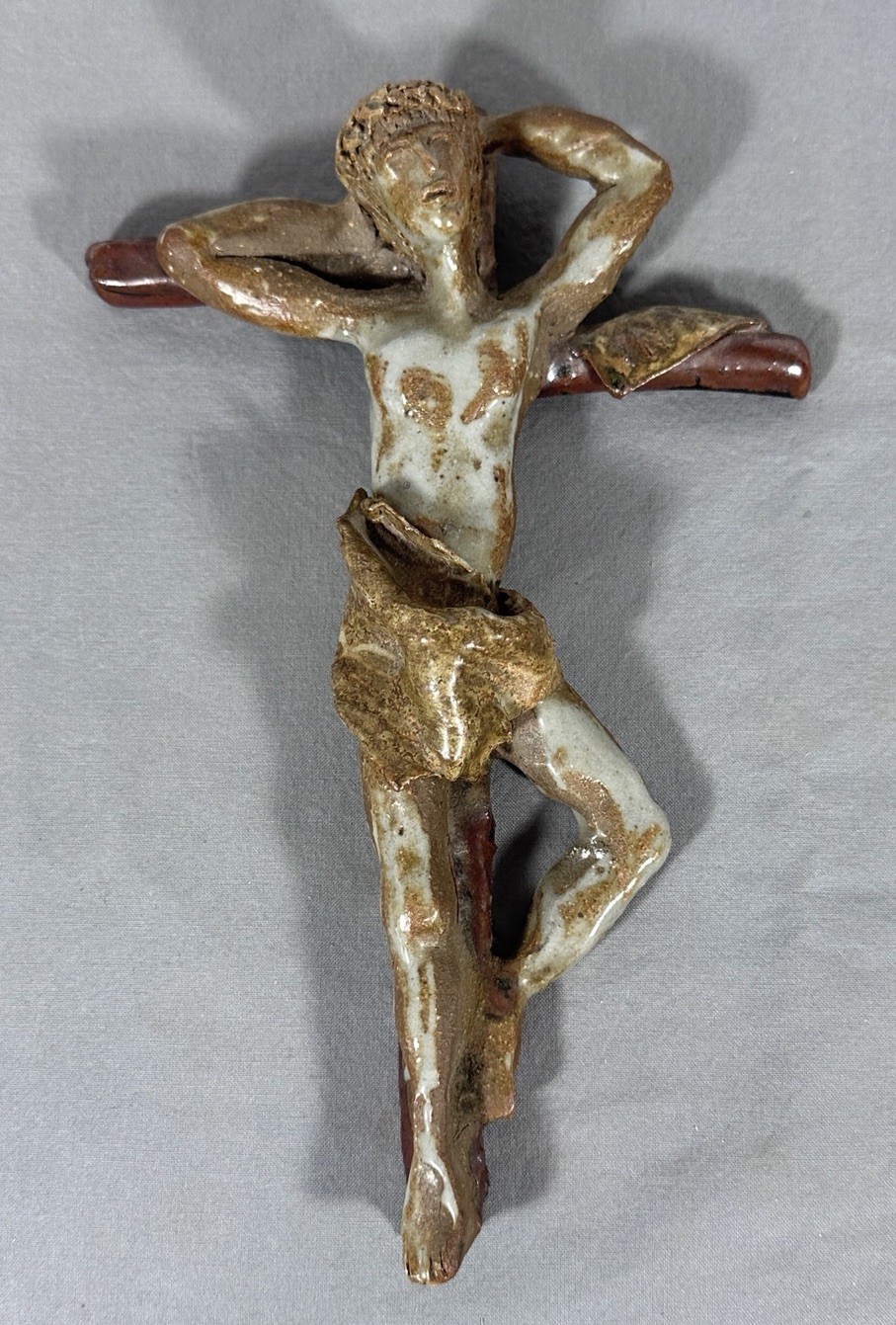 Handmade Pottery Crucifix Rustic Folk Art Ceramic Jesus Cross 10”