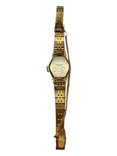 Vintage Dainty Pulsar Gold Tone Watch Quartz Safety Chain Bezel MCM Untested - Afbeelding 7 van 16