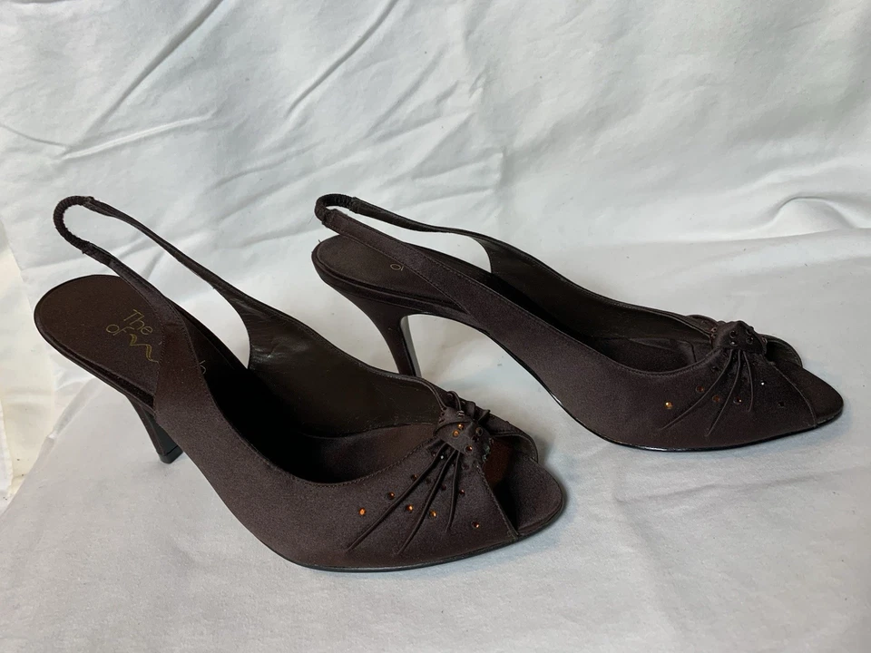 Touch Of Nina Wms размер 8 М коричневая ткань бисер слинга с открытым носком 3,5» каблук - Изображение 4 из 4