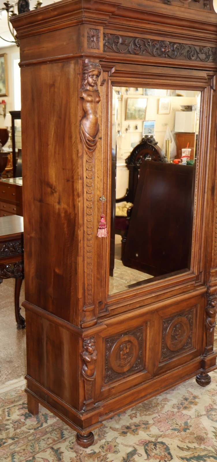 19th Century Italian Carved Walnut Figural Renaissance Revival Wardrobe Armoire