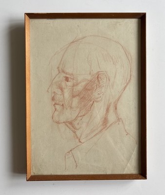  Mid Century Akademisch Gerahmte Portrait Studie Männlicher Kopf Figur Rote Kreide Zeichnung