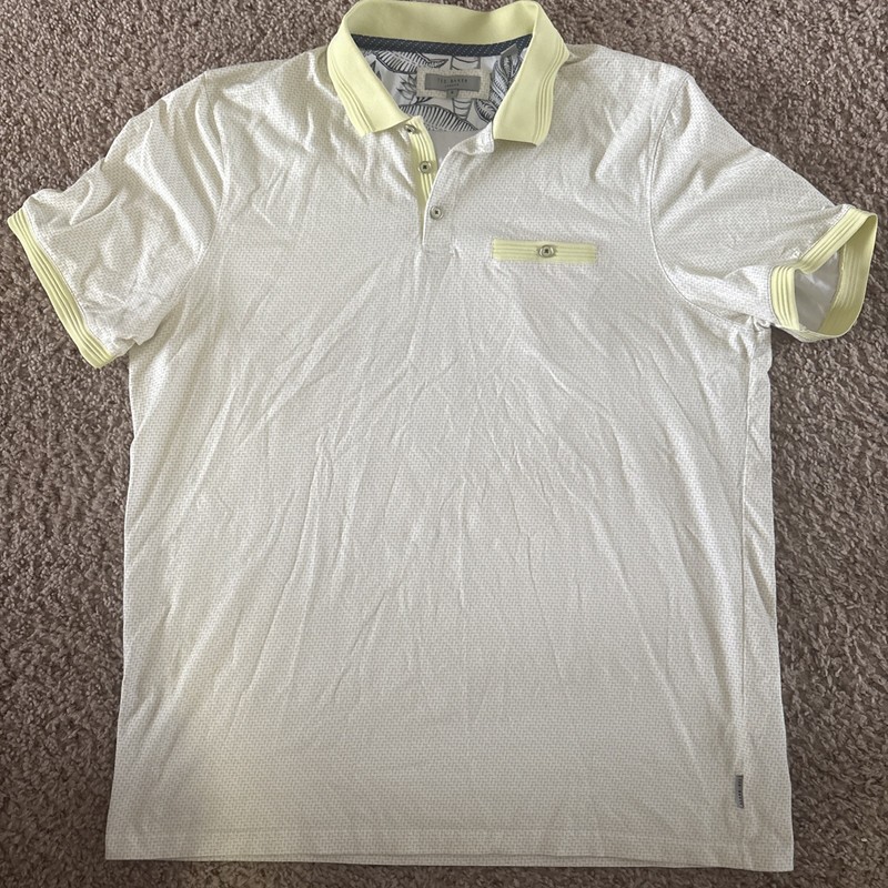 Ted Baker Men’s Polo Shirt Size 6 Large  Cream Green Trim Short Sleeve Designer