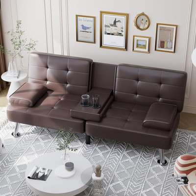 Shahoo Convertible Futon Sofa Bed with Cup Holders, Faux Leather Brown