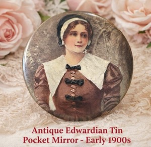 🪞 Rare Antique Edwardian Tin Pocket Mirror – Early 1900s