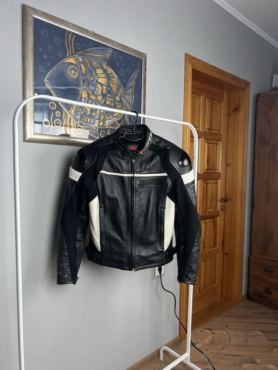 Dainese Men`s Black White Leather Armored Motorcycle Racing Jacket