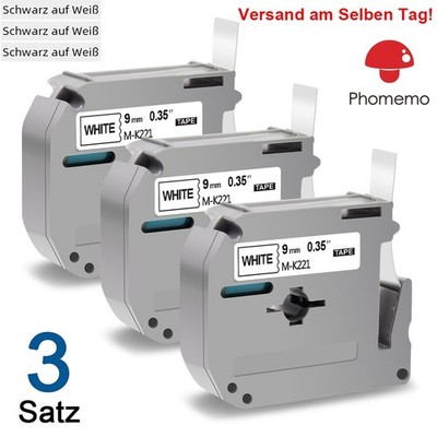 3x M-K221 9mm Schriftband für Brother P-Touch 60 65 75 80 85 90 Schwarz auf Weiß