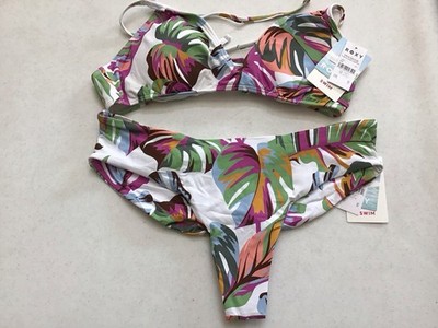 NWT Roxy Swimsuit 2pc Bikini Set Sz Large Cheeky White Floral Padded (C17-9)
