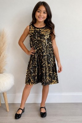 Marciano Guess Girls Sequin Party Dress Black Gold Sleeveless Size S 7/8