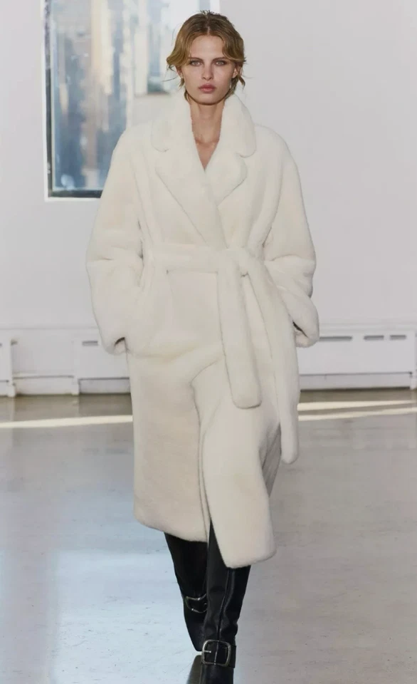 ZARA BELTED FAUX FUR COAT ZW COLLECTION ECRU NEW FW24/25 SIZE XL 4360/249 VIRAL - Image 3 of 4