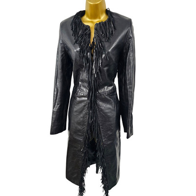 Vintage Karen Millen 10 UK schwarz Western Fransen Leder lange Mac Jacke Mantel