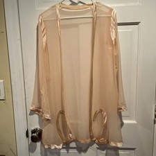 Antique 1920s Pink Silk Chiffon Sheer Peignoir Lingerie Robe Gown Satin Trim