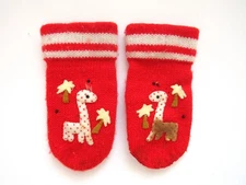 Vintage Childrens Red Cradle Knit Mittens - Toddler Giraffes Beads Gloves