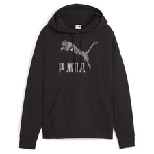 PUMA Classics Shiny Logo Training Pullover Hoodie Womens Black Casual Outerwear