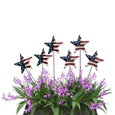 6set Metal Barn Star Yard Sign Planter Stake Outdoor Lawn Decor, Patriotic Fl...
