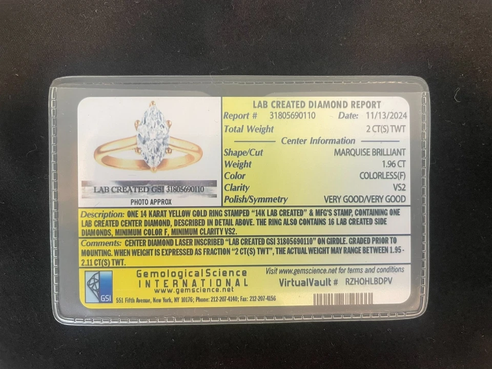 Anillo de diamantes creado en laboratorio marquesa de 1,96 quilates - Certificado GSI - Oro amarillo de 14 quilates Foto 4 de 4