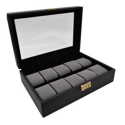 Novel Box Black Leatherette Glass Top 10 Watch Jewelry Display Case With Lock