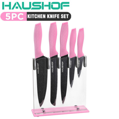 HAUSHOF 5 PCS Kitchen Knife Set Teflon Coated Pink Knives Set for Kitchen USA