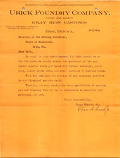 Urick Foundry Company Erie PA 1908 Letterhead Gray Iron Castings