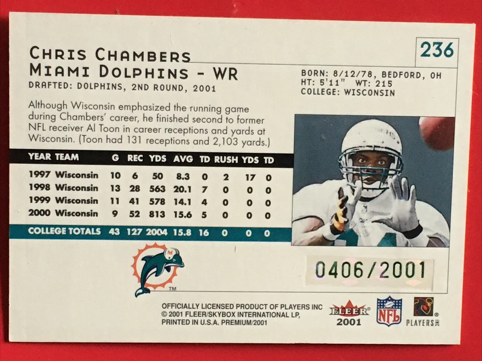 2001 Fleer Premium /2001 #236 Chris Chambers DOLPHINS Rookie Football Card - Image 2 of 2