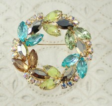 VTG Green Givre Teal Metallic Gold AB Rhinestone Circle Wreath Pin Brooch