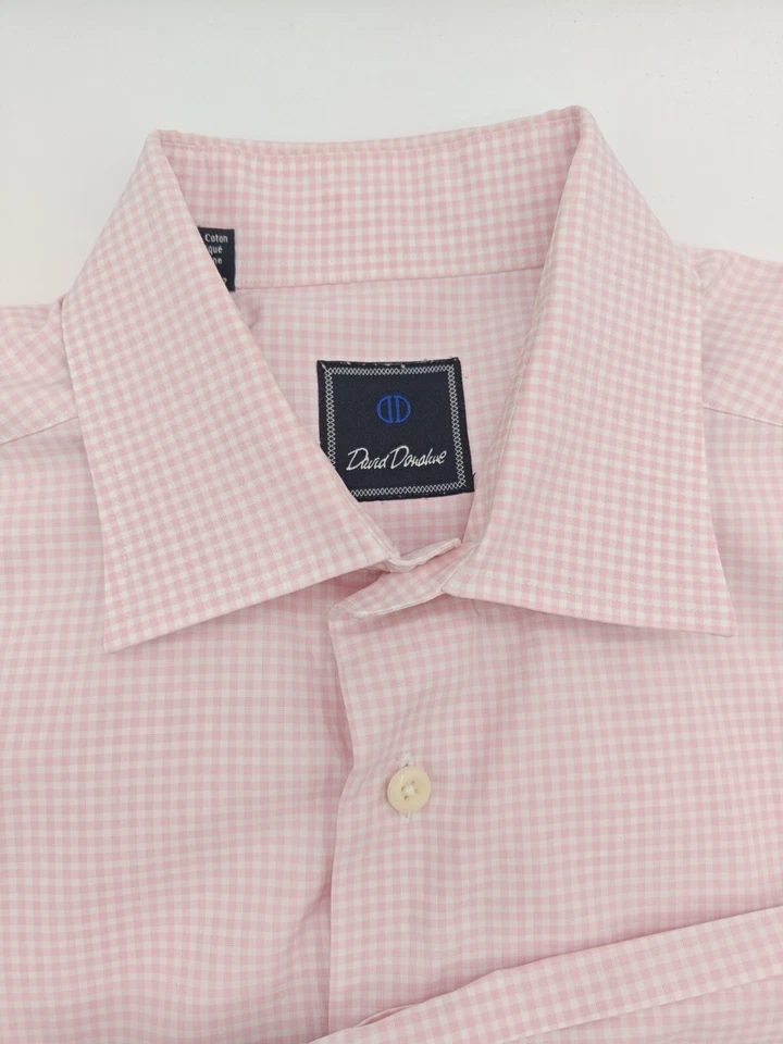 🇺🇲 Camisa de vestir David Donahue para hombre 100 % algodón 16,5x37 cuadros rosas Foto 3 de 4