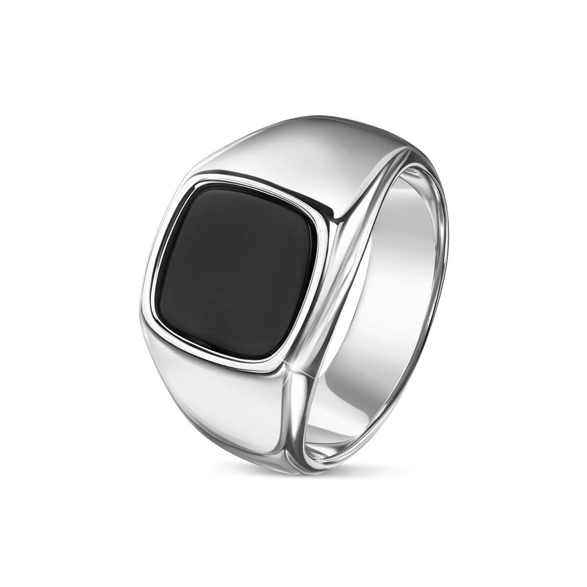 Men's Ring Silver Stainless Steel 750 White Gold Plated Onyx Stone